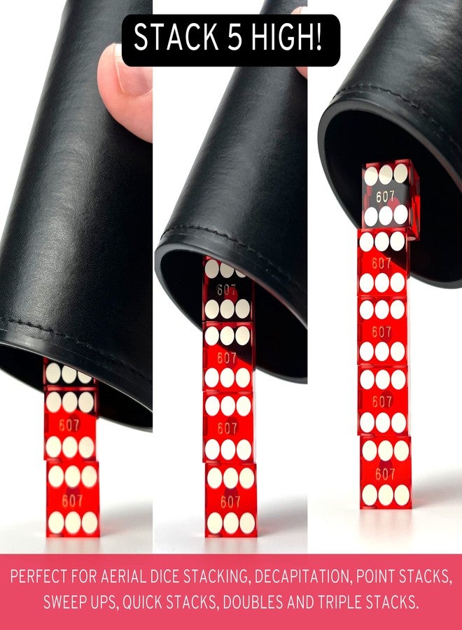 Luck Lab كوب تكديس النرد من الجلد الأسود من لاك لاب مع 5 قطع نرد كازينو مرقمة بسلسلة وحواف حادة مقاس 19 مم - كوب احترافي مستقيم للتكديس والخدع السحرية (نرد أحمر) - Image 4